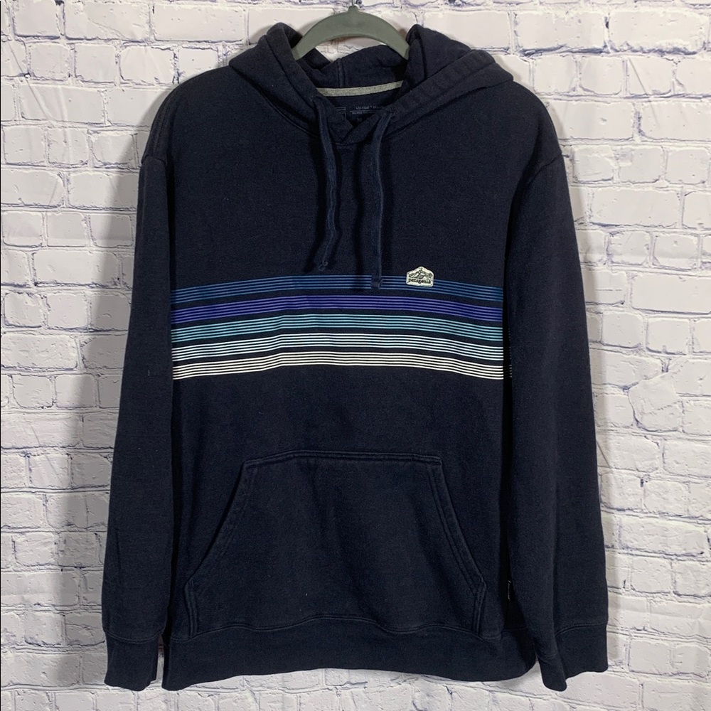 Patagonia Navy Hoodie with Blue and White Stripes
